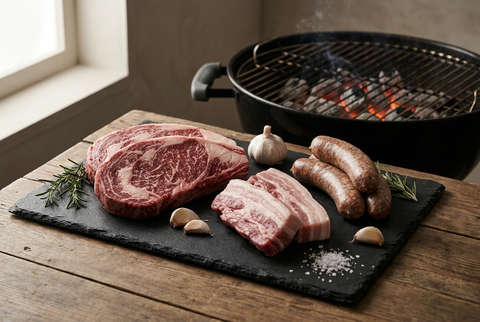 Cortes de carne premium junto a uma grelha de carvão