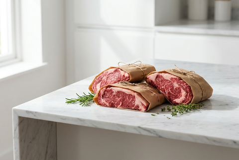 Carne fresca embrulhada em papel de talho numa bancada limpa