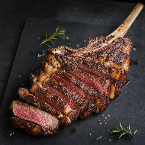 Tomahawk cozinhado fatiado em tábua escura